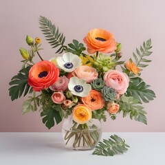 Beautiful arrangement of flowers. Anemones, roses, ranunculus, tropical flowers, succulents, and leaves arranged on a light background
