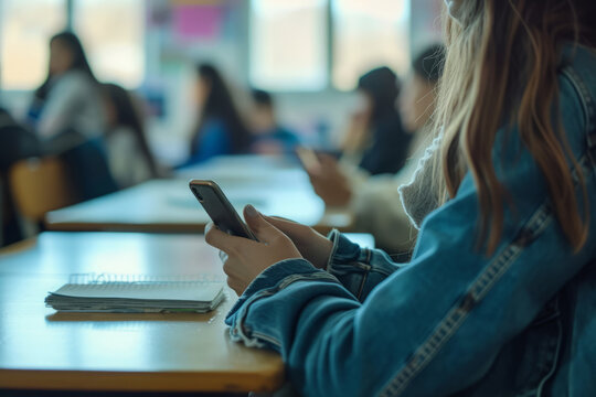 Student is focused on his smartphone among peers in classroom setting, Children distracted from the ongoing lecture using mobile phones