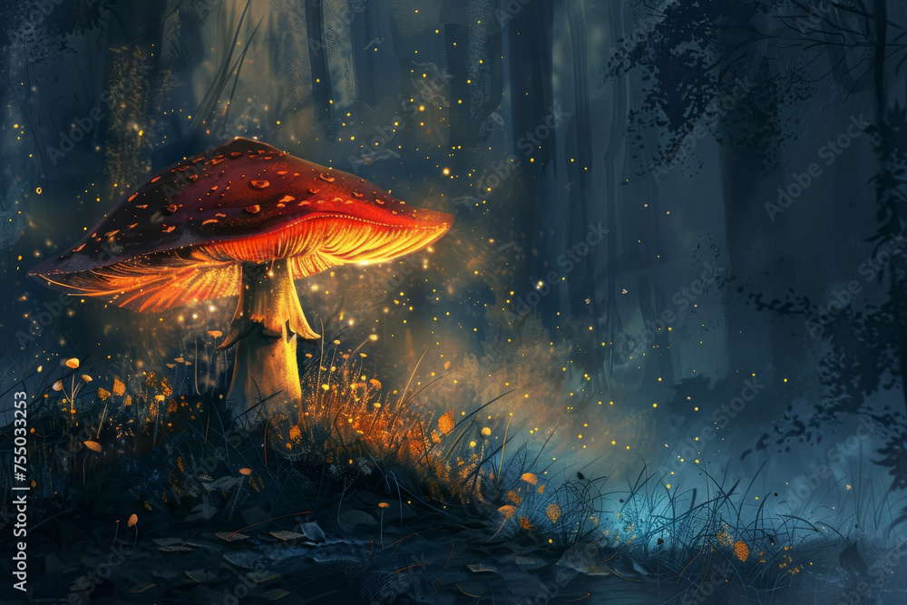 Poster a mushroom with a red color and a cap and a professional overlay on the fantasy