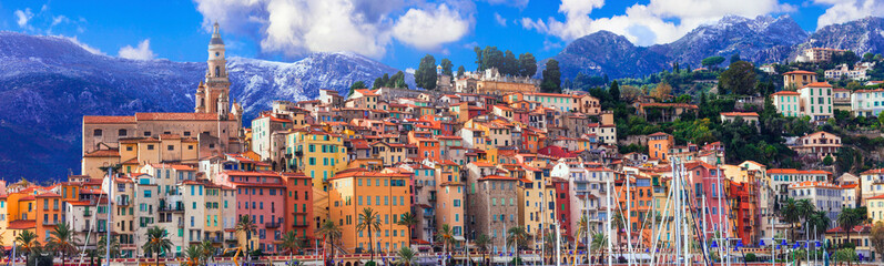 Menton, France: The Pearl of the French Riviera. colorful town - luxury holidays in the south of Cote Azure - obrazy, fototapety, plakaty