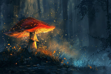 A mushroom with a red color and a cap and a professional overlay on the fantasy - obrazy, fototapety, plakaty