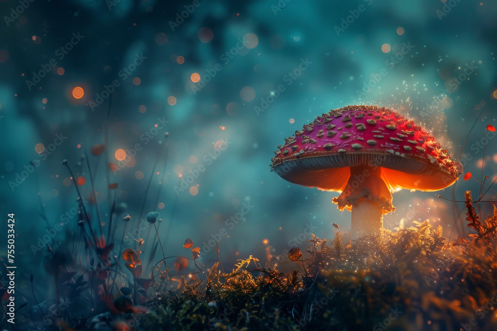 Poster a mushroom with a red color and a cap and a professional overlay on the fantasy