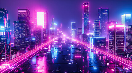 Vibrant City Night with Modern Skyscrapers Illuminated in Neon Lights, Urban Landscape and Technology Concept