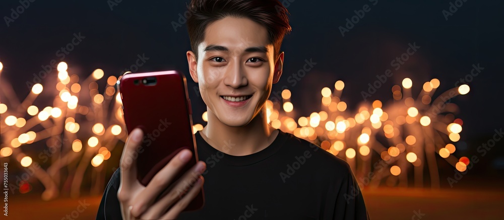 Poster modern communication: man engaged with smartphone for social media networking and digital connection