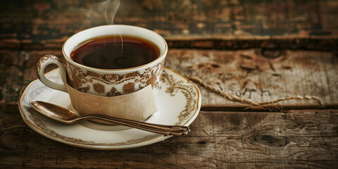 A hot cup of coffee with steam sits on a vintage wooden table, perfect for a cozy morning