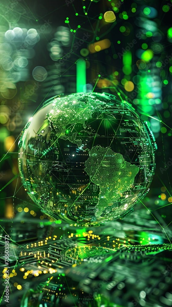 Poster global network connectivity and data exchange this striking image captures a glass globe with illumi