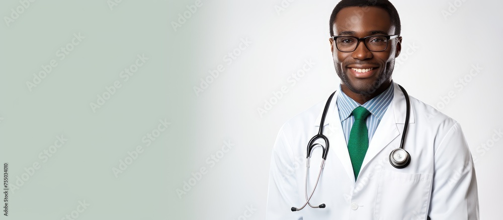 Poster confident male scientist in white lab coat and glasses analyzing data with precision