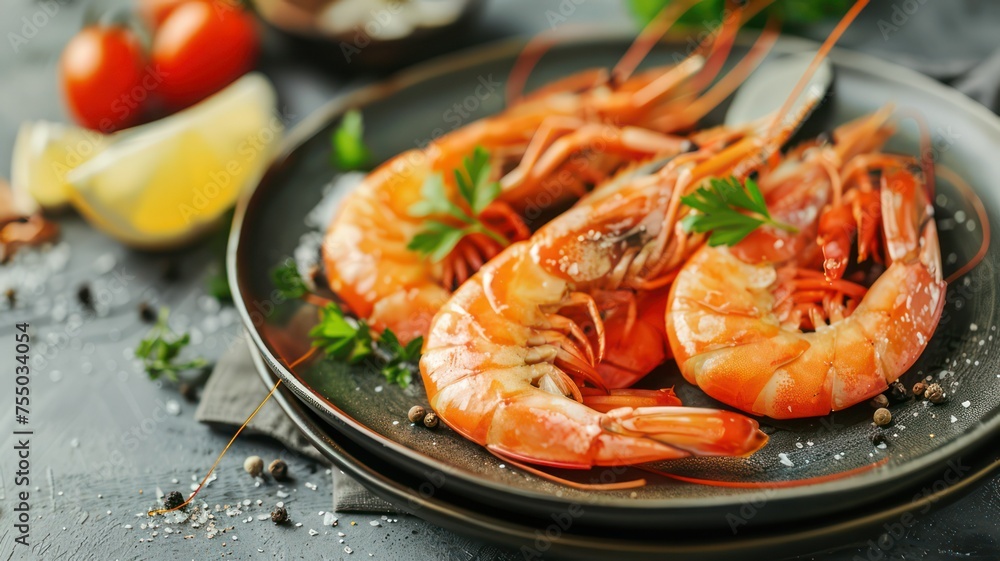 Poster fresh shrimps on a plate created with generative ai