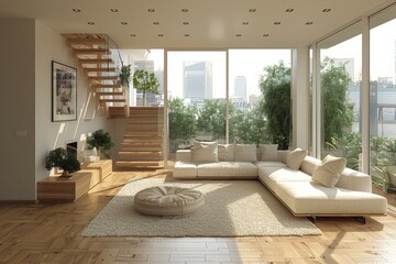 Bright spacious minimalist living room with panoramic windows