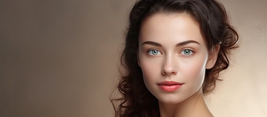 Fototapeta premium Ethereal Woman with Sapphire Eyes and Flowing Hair - A Serene Beauty Portrait