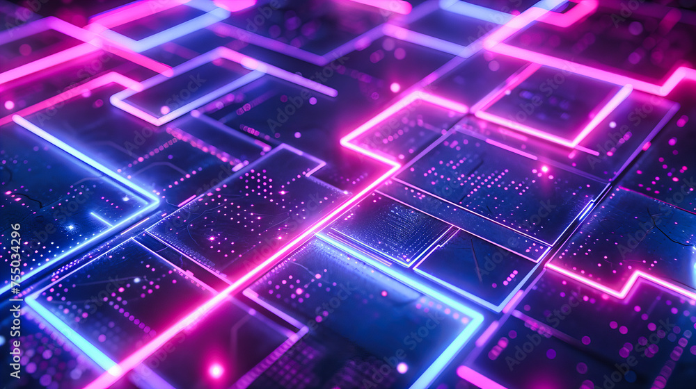 Wall mural close-up of computer processor chip, digital technology and electronics concept with blue and bright