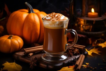 Autumnal Pumpkin drink coffee. Spice latte hot. Generate Ai