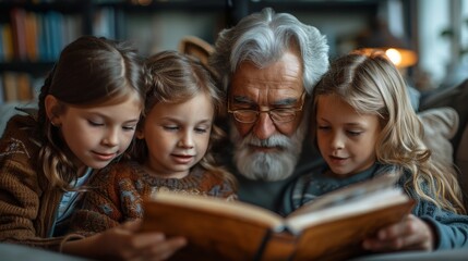 A big family of grandparents with twin granddaughters and their parents browsing through a family photo album and sharing happy memories. Family gathered together in the living room. - obrazy, fototapety, plakaty