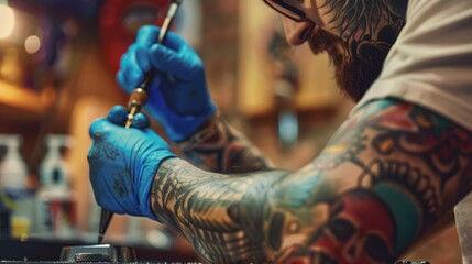 Man Getting Tattoo on His Arm - obrazy, fototapety, plakaty