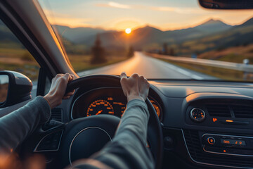 Hands on steering wheel driving car 
