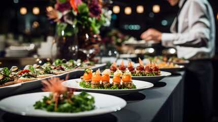 Luxurious Catering Spread at a Formal Event Showcasing a Variety of Gourmet Dishes - obrazy, fototapety, plakaty
