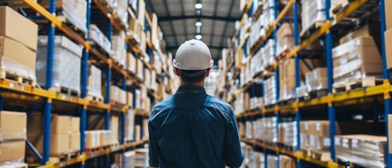 Back view of a warehouse worker surveying organized shelves in a large distribution center. - obrazy, fototapety, plakaty