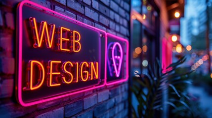 Fototapeta na wymiar Neon Sign Saying Web Design on Brick Wall