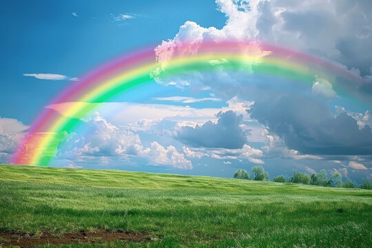 A photo of a colorful rainbow, spanning a sky and a field. It is shining with hues and tones, and contrasting with the green and the blue.