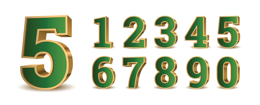 3d green numbers with golden outline. Symbol set. Vector illustration