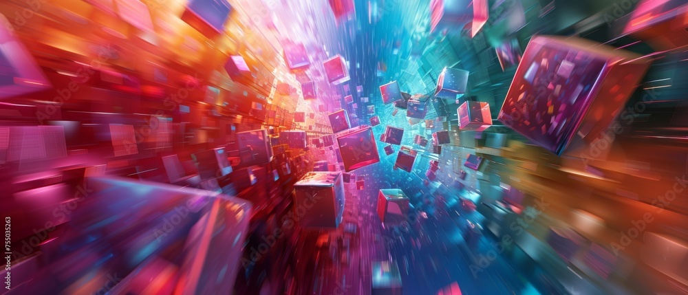 Poster abstract digital art of vivid tech blocks expanding into the void