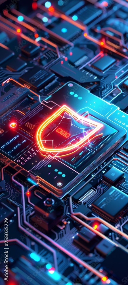 Poster advanced encryption technology concept with glowing shield over laptop