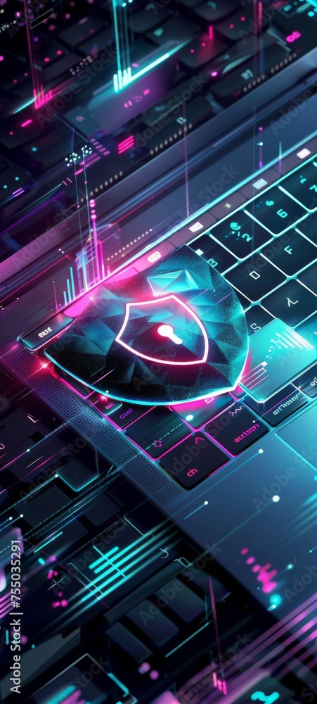 Poster advanced encryption technology concept with glowing shield over laptop