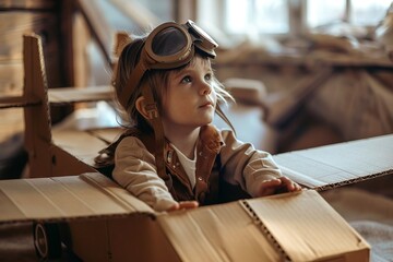 A small child in a pilots outfit goggles atop - obrazy, fototapety, plakaty