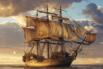 Age of Discovery A grand galleon sails toward new horizons under cloudy skies