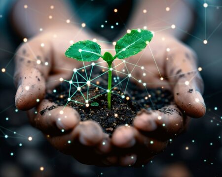 Abstract Image Of Hands Cradling A Green Sprout With Digital Network Lines Symbolizing Technologys Role In Monitoring Ecological Health