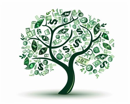 Abstract design of a tree with currency symbols as leaves representing investment in environmental sustainability on a white background
