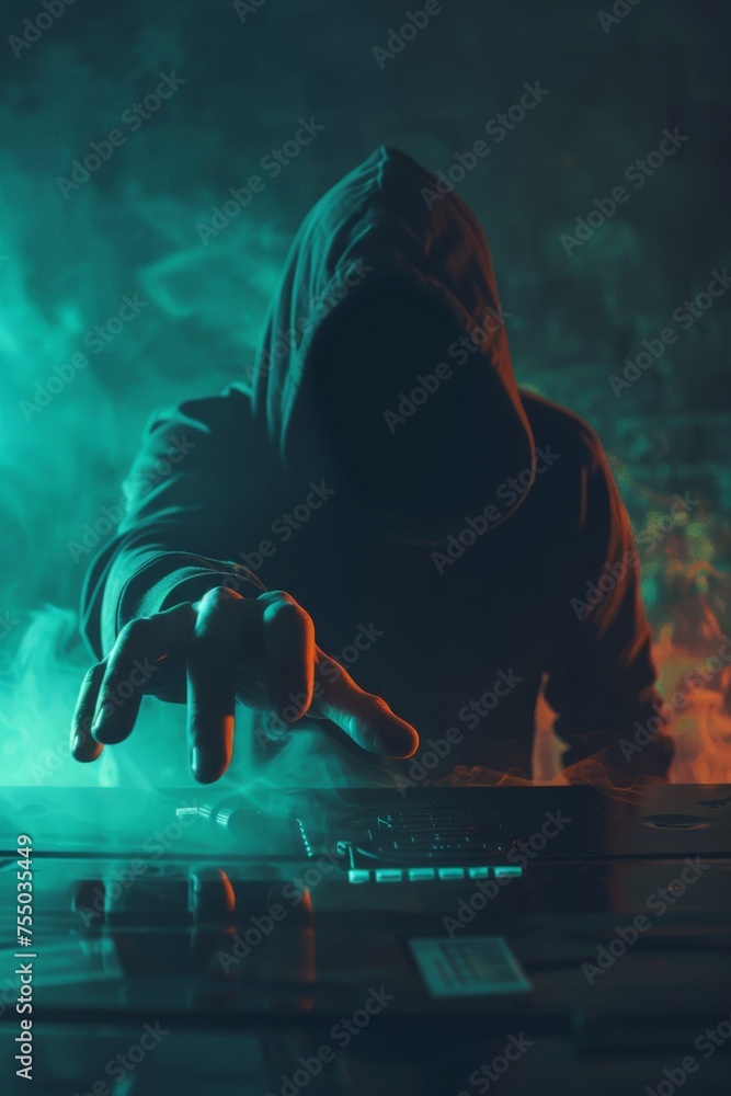 Poster black hooded hacker demanding ransom hand outstretched on a table with hacked sensitive data in a di