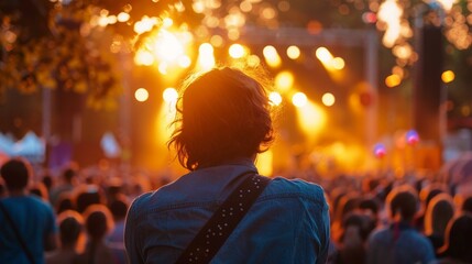 Back view of a festival-goer basking in golden hour