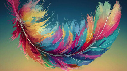A stunning 3D rendering of a vibrant, colorful feather, painted in a watercolor-like style. The feather appears to be floating against a gradient sky, with a sense of depth and dimension. The overall 