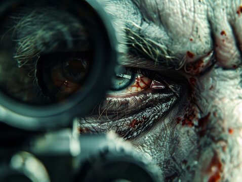 Close up of a zombies eye focused and intense through a sniper scope