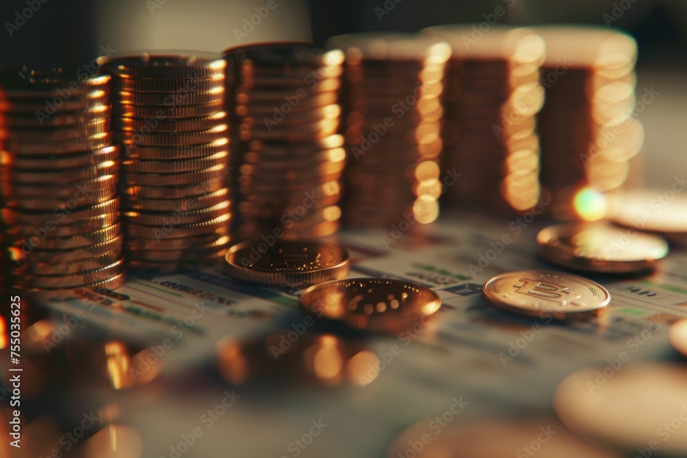 Poster economic data analysis with coin columns and market display fiscal strategy