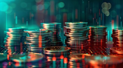 Digital banking concept art with piles of coins perfect for an online investment platforms homepage