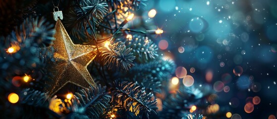 Enchanting Yuletide tree with a golden star heralding the magic of Christmas evening - obrazy, fototapety, plakaty
