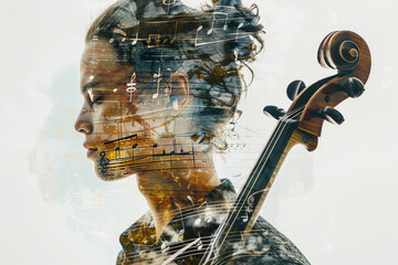 A portrait of a musician with a double exposure of musical notes and instruments