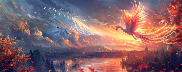 Eternal phoenix in a dance with Mt Fuji at sunset casting a spell of wonder for a mystical game background - obrazy, fototapety, plakaty