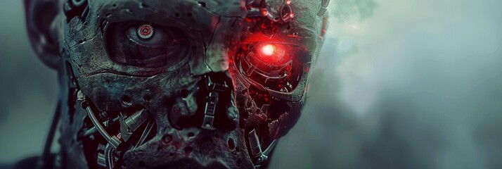 Half rotten cyborg face with glowing red eyes apocalypse survivor - obrazy, fototapety, plakaty