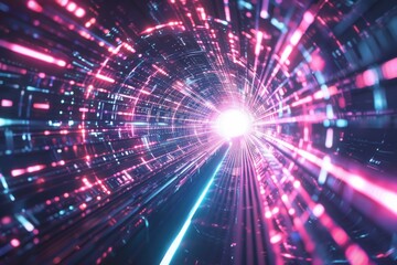 Obraz premium Abstract digital tunnel with glowing lines and light at the end, representing high-speed internet or futuristic technology.