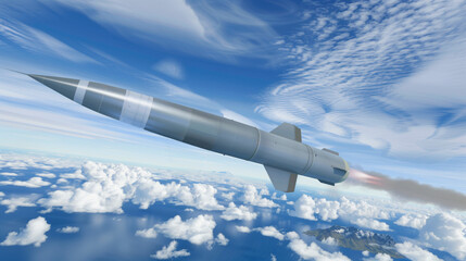 Naklejka na ściany i meble Soaring Missile Over Coastal Terrain. Missile exemplifying power, precision, and advanced technology
