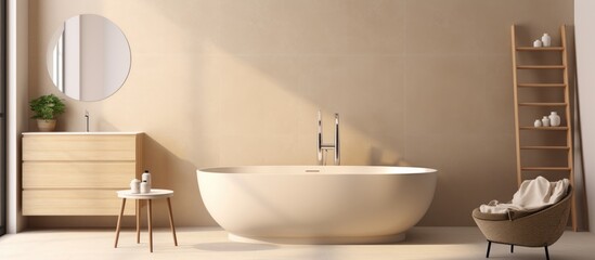 Fototapeta na wymiar A white bath tub sits next to a window in a modern bathroom with beige walls, a ceramic basin, an oval mirror, and a grey concrete floor.