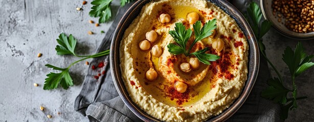 Homemade creamy hummus spread in bowl on gray aged table background