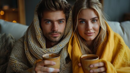 Unhappy couple in their home who have a problem with central heating. Sick couple wrapped in blankets suffering from flu or cold. - obrazy, fototapety, plakaty