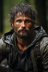 Obraz premium A rugged man with mud-streaked face exudes a determined survival spirit