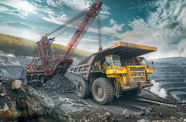 Open-Pit Mining Operation. Dynamic open-pit mine scene with a large haul truck and excavator under a dramatic sky.