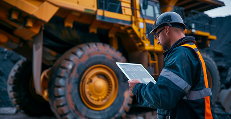 An industrious mine operator in protective gear is immersed in a pre-operation checklist on his tablet, juxtaposed against the imposing backdrop of a giant mining haul truck - obrazy, fototapety, plakaty