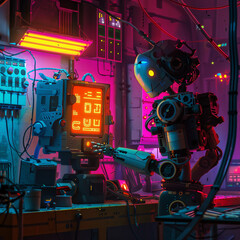 A technicians shadow over a malfunctioning robot, troubleshooting with urgency in neon-lit lab